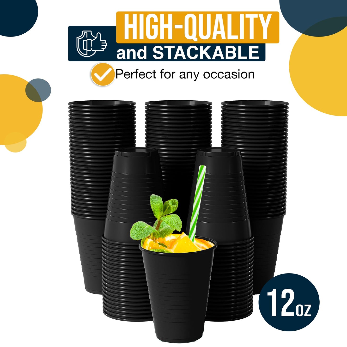 12 Oz. Black Plastic Cups - 50 Ct.