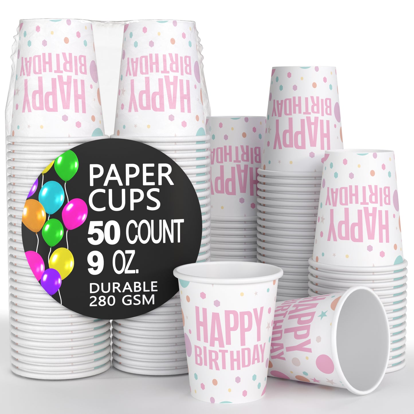 9 oz. Pink Birthday Print Paper Cups - 50 Ct.