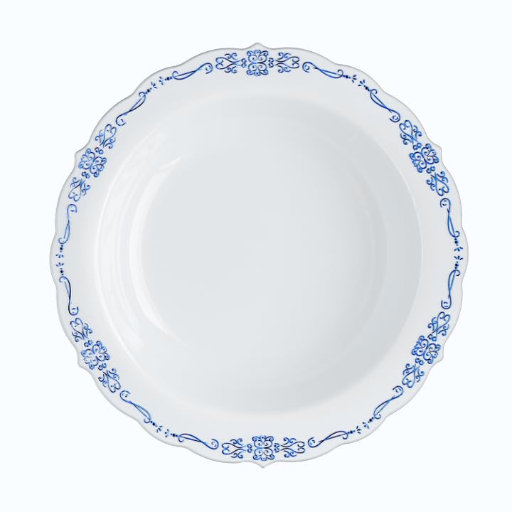 12 oz White/Navy Victorian Design Bowls - 20 Ct.