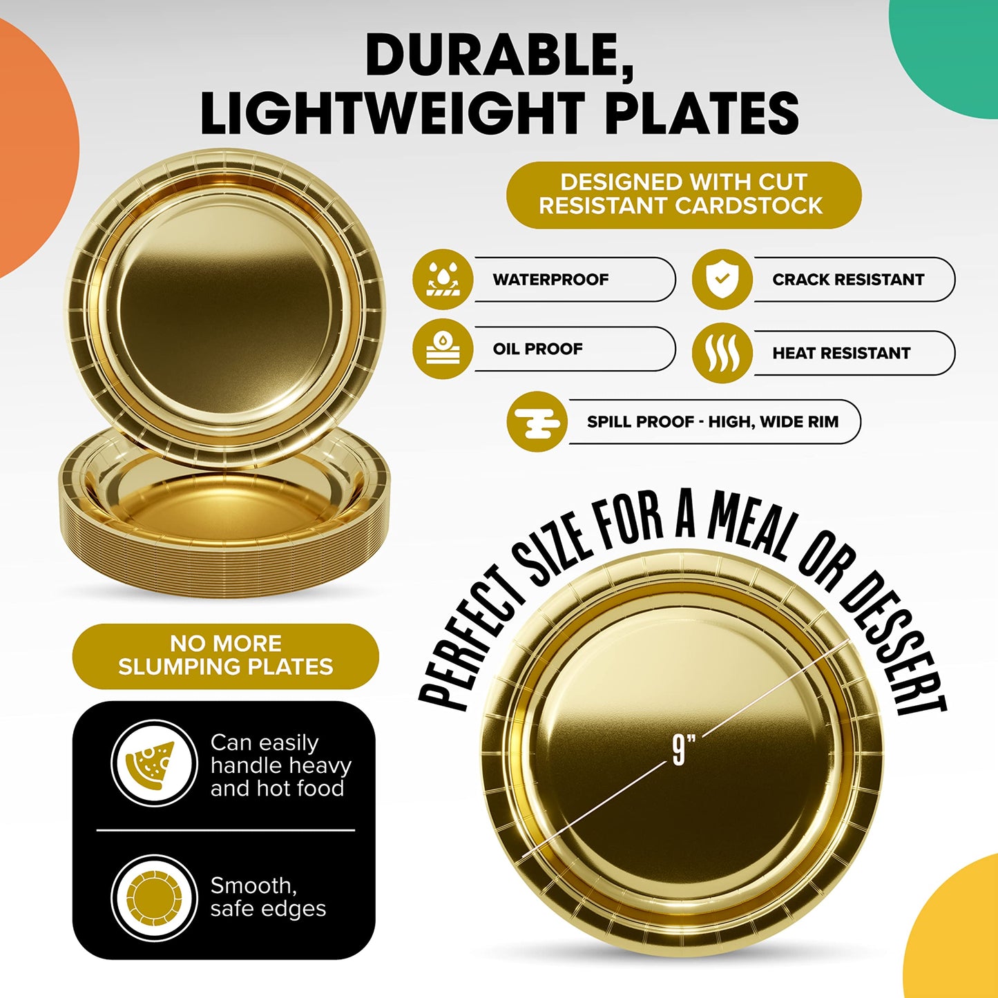 9 In. Reflective Gold Paper Plates - 100 Ct.