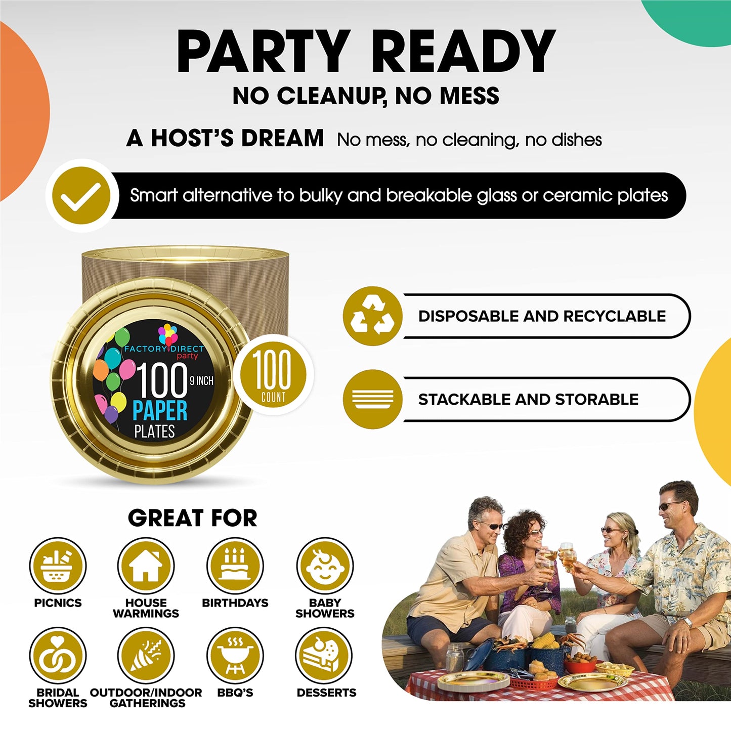 9 In. Reflective Gold Paper Plates - 100 Ct.