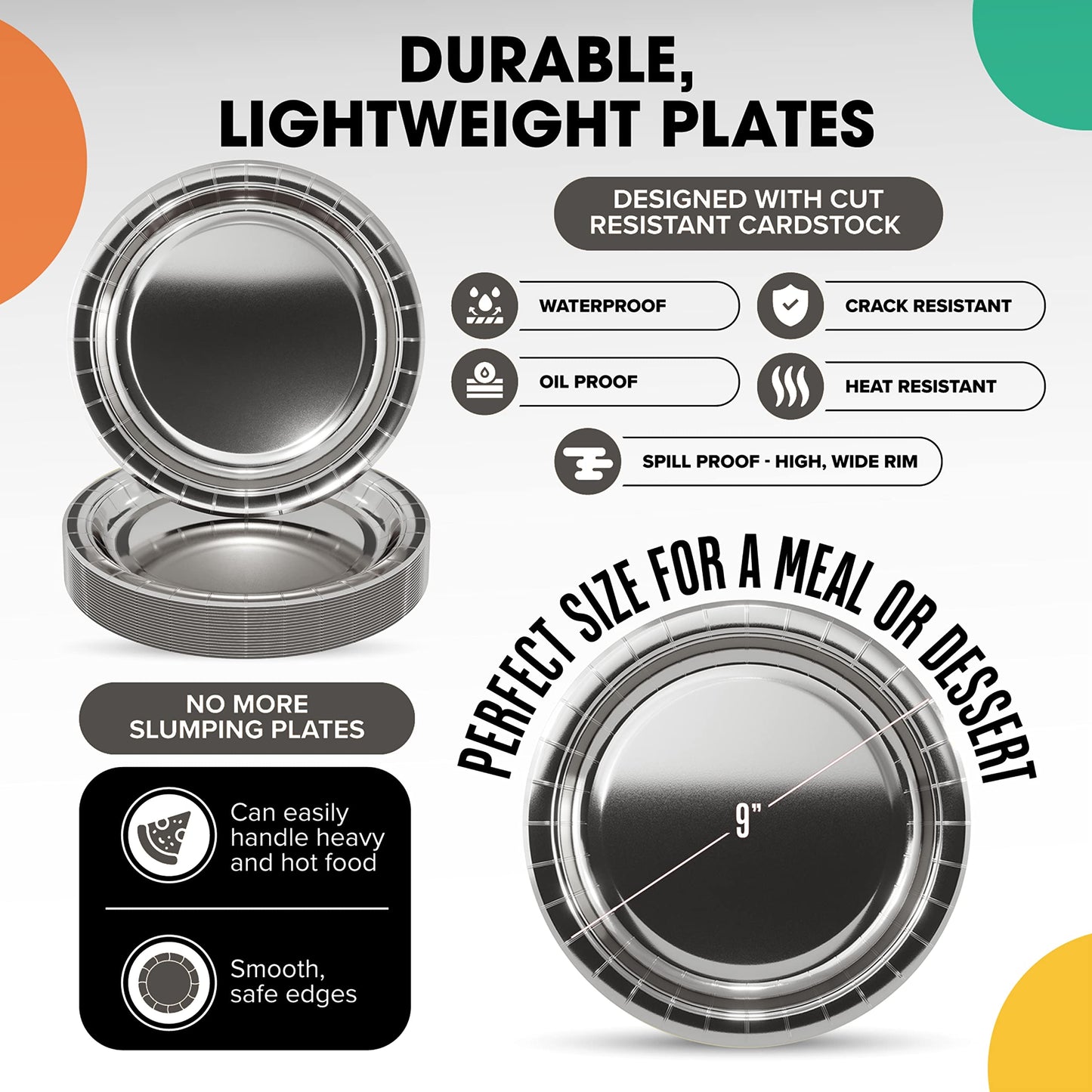 9 In. Reflective Silver Paper Plates - 100 Ct.