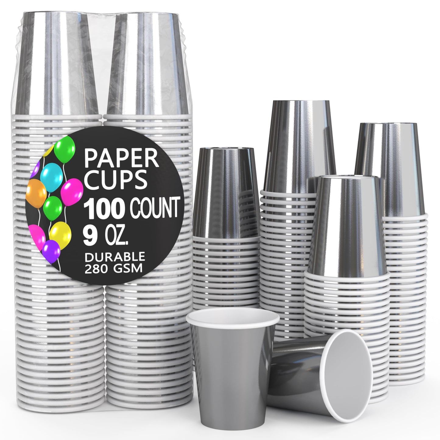 9 oz. Metallic Silver Paper Cups - 100 Ct.