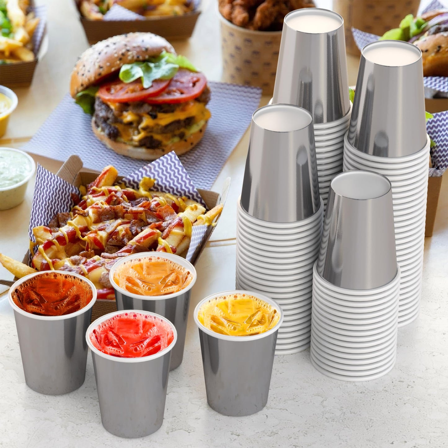 9 oz. Metallic Silver Paper Cups - 100 Ct.