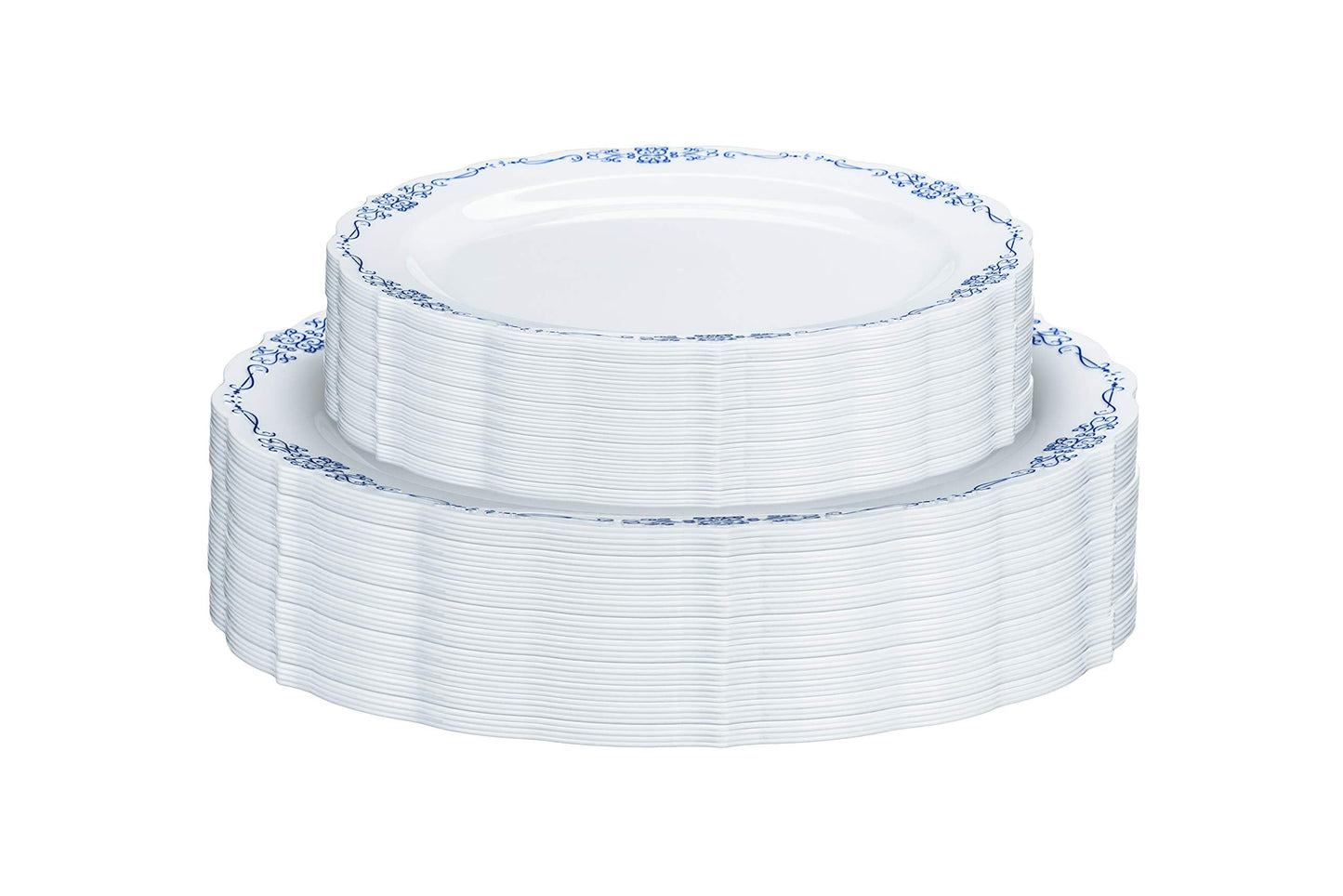 9 In. White/Navy Victorian Design Plates - 20 Ct.