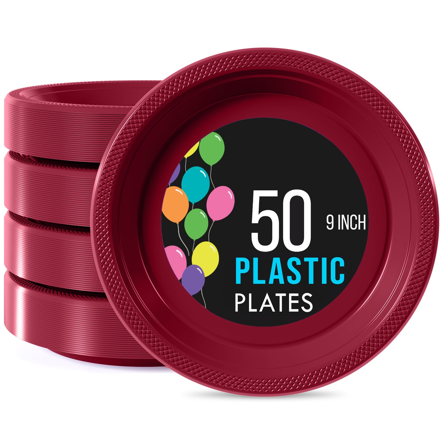 9 In. Burgundy Plastic Plates - 50 Ct.