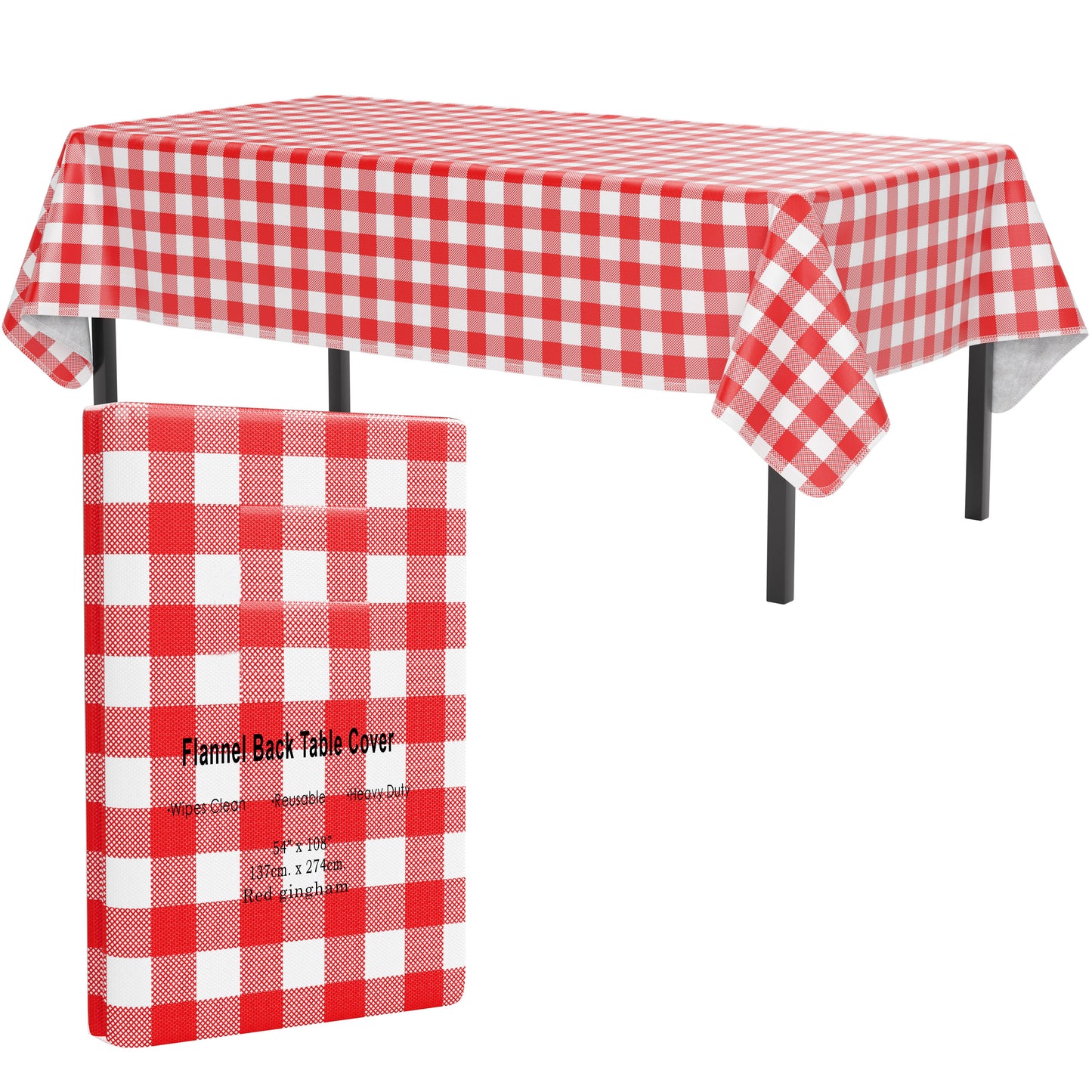 Red Gingham Flannel Backed Table Cover 54 in. x 108 in.
