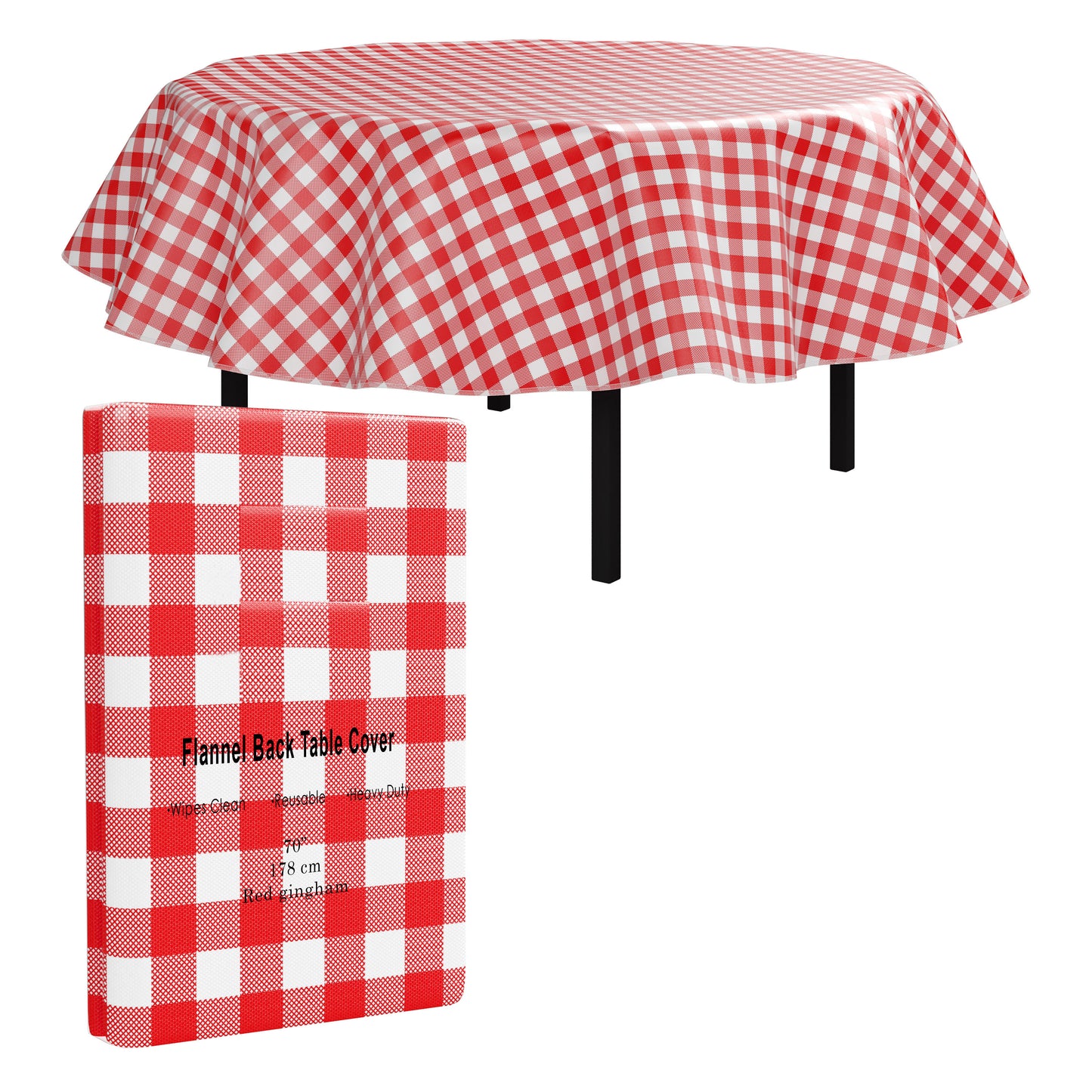 Red Gingham Flannel Backed Table Cover 70 in. Round