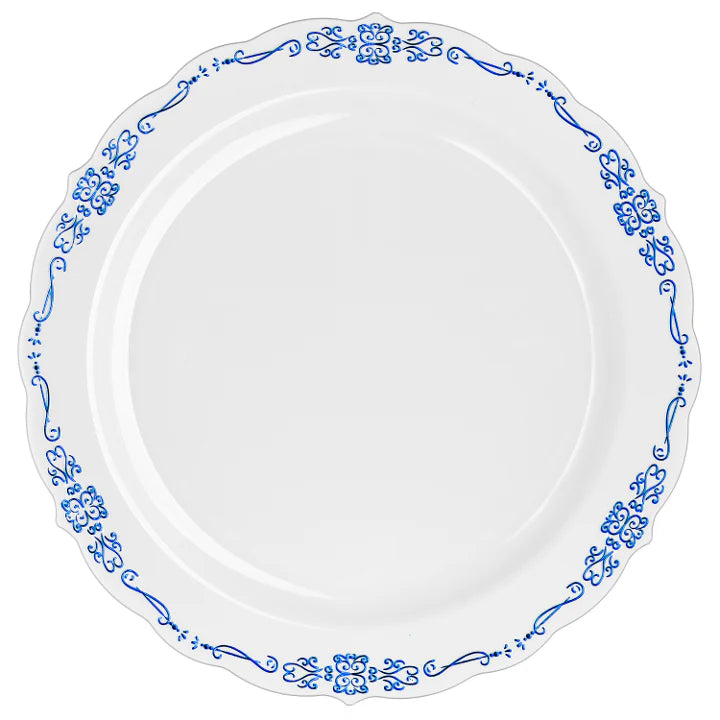 9 In. White/Navy Victorian Design Plates - 20 Ct.