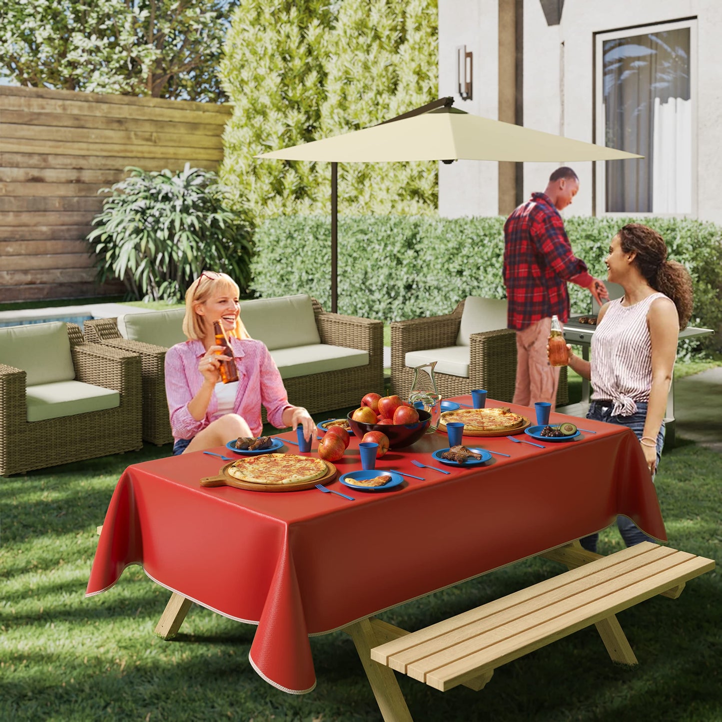 Red Flannel Backed Table Cover 70 in. Round
