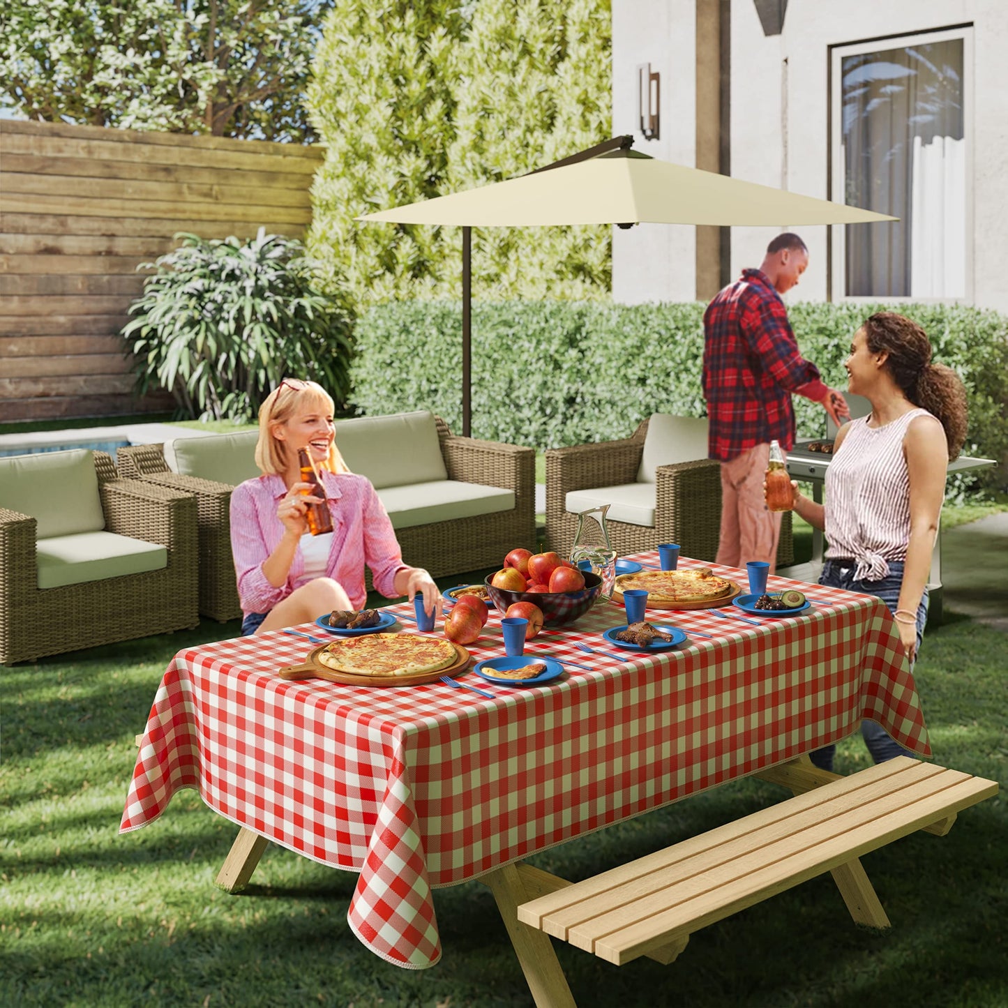 Red Gingham Flannel Backed Table Cover 54 in. x 70 in.