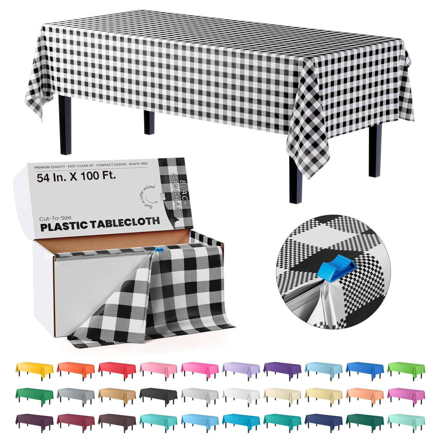 54 In. X 100 Ft. Select A Size Table Cover | Black Gingham