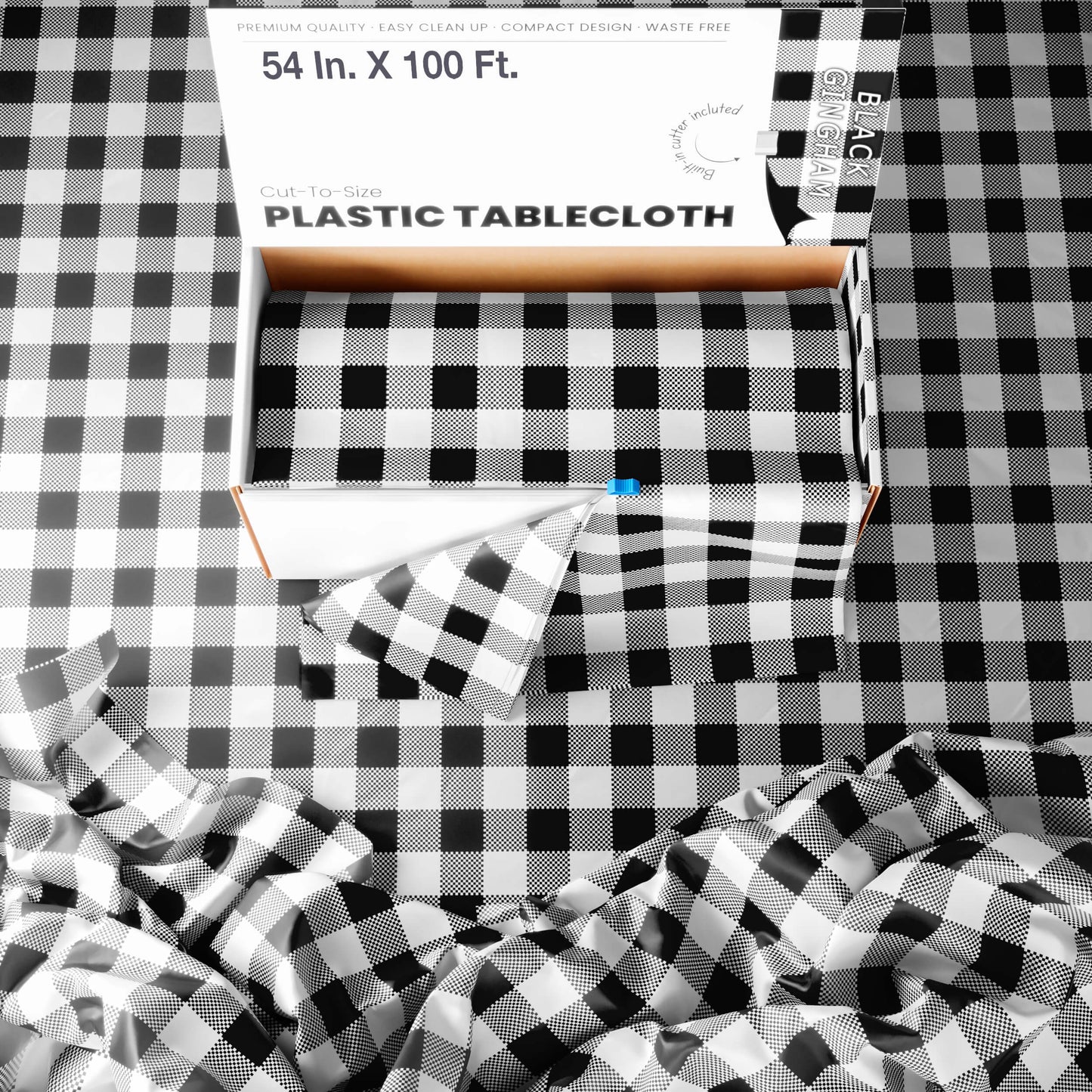 54 In. X 100 Ft. Select A Size Table Cover | Black Gingham