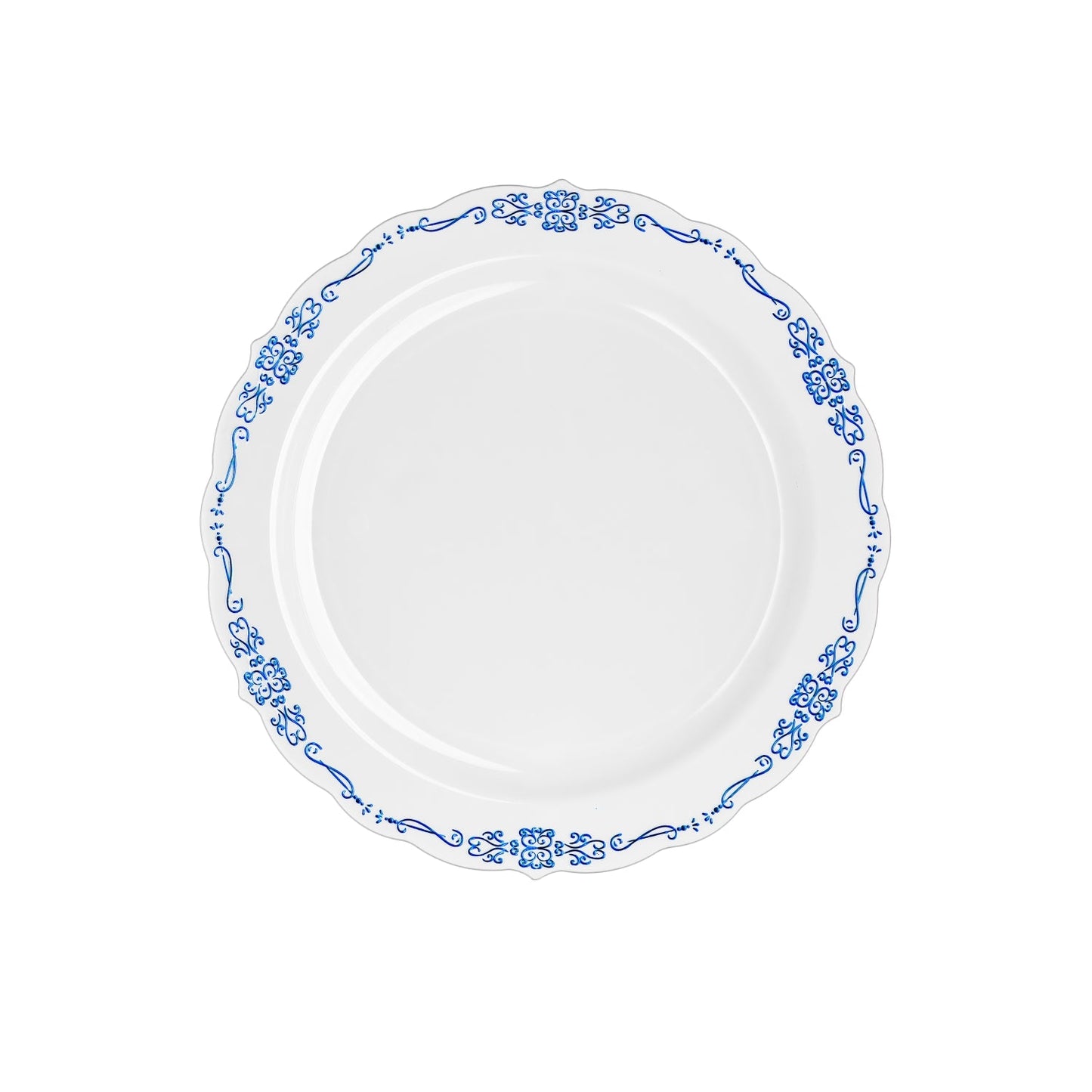 10 In. White/Navy Victorian Design Plates - 20 Count