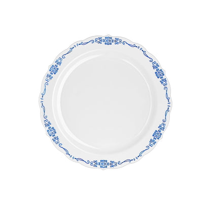 10 In. White/Navy Victorian Design Plates - 20 Count