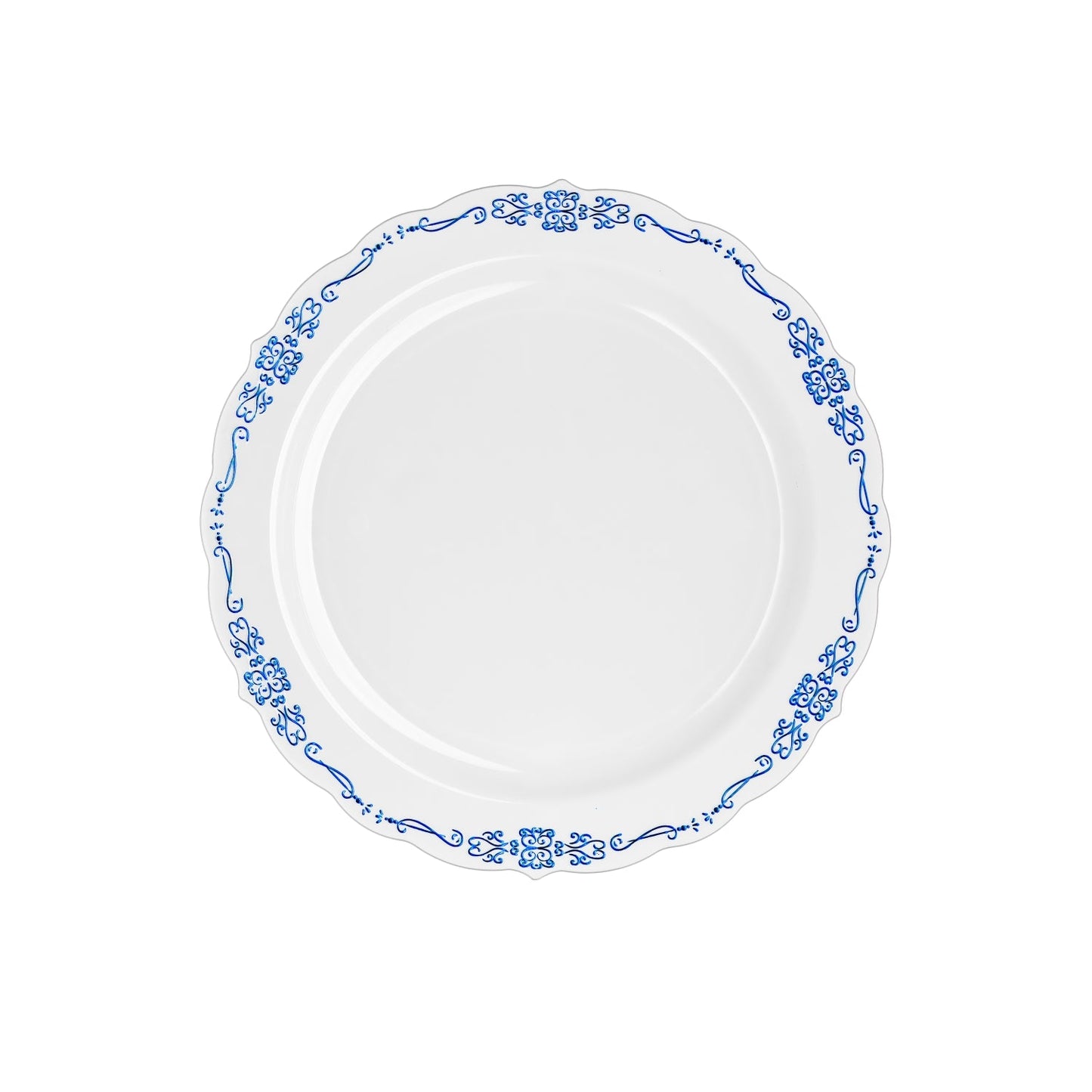 10 In. White/Navy Victorian Design Plastic Plates | 120 Count