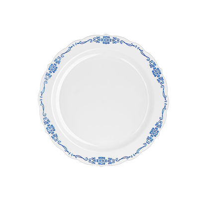 10 In. White/Navy Victorian Design Plastic Plates | 120 Count