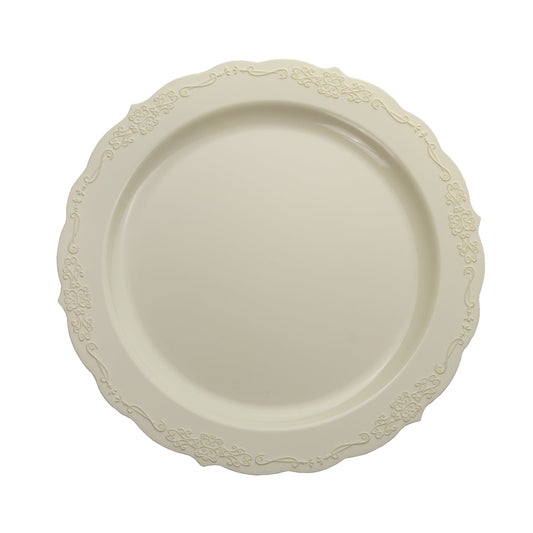 10 In. Ivory Victorian Design Plastic Plates | 120 Count