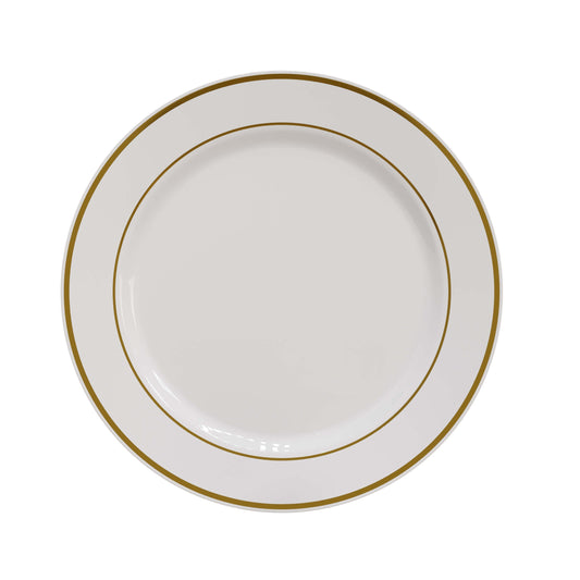 10.25 In. Cream/Gold Line Design Plastic Plates | 120 Count