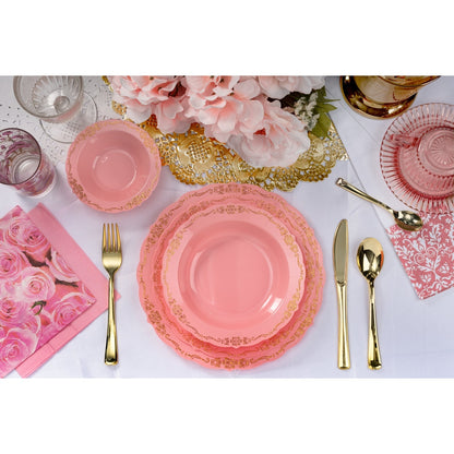 9 In. Coral/Gold Victorian Design Plastic Plates | 120 Count