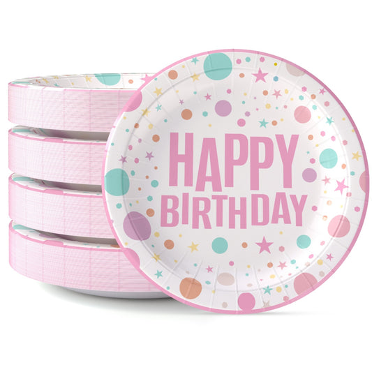 9 In. Pink Birthday Print Paper Plates - 50 Ct.