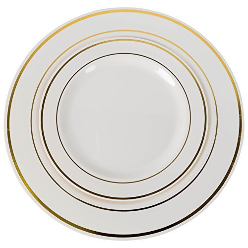 7.5 In. Cream/Gold Line Design Plastic Plates | 120 Count