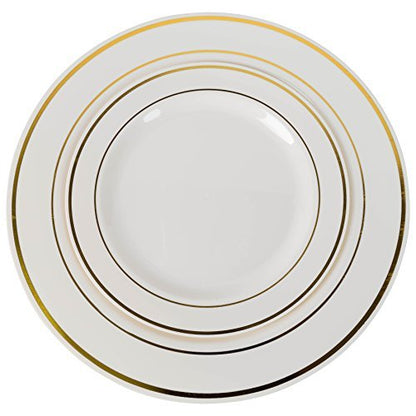 7.5 In. Cream/Gold Line Design Plastic Plates | 120 Count