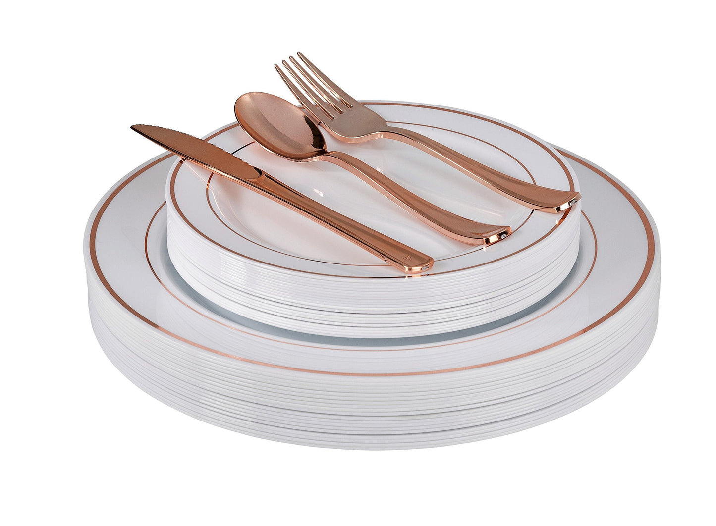 7.5 In. White/Rose Gold Line Design Plastic Plates | 120 Count