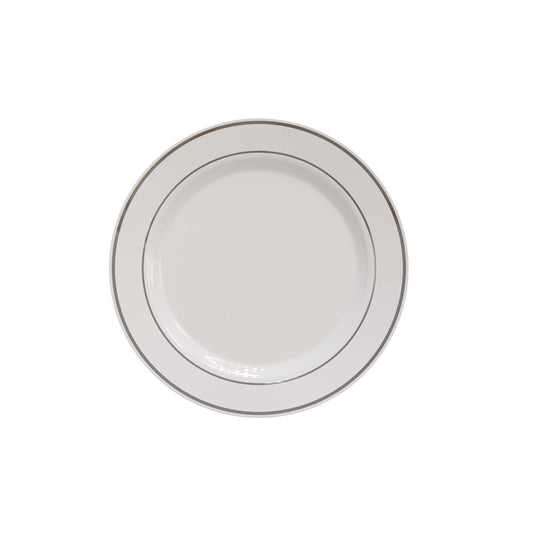 7.5 In. White/Silver Line Design Plastic Plates | 120 Count