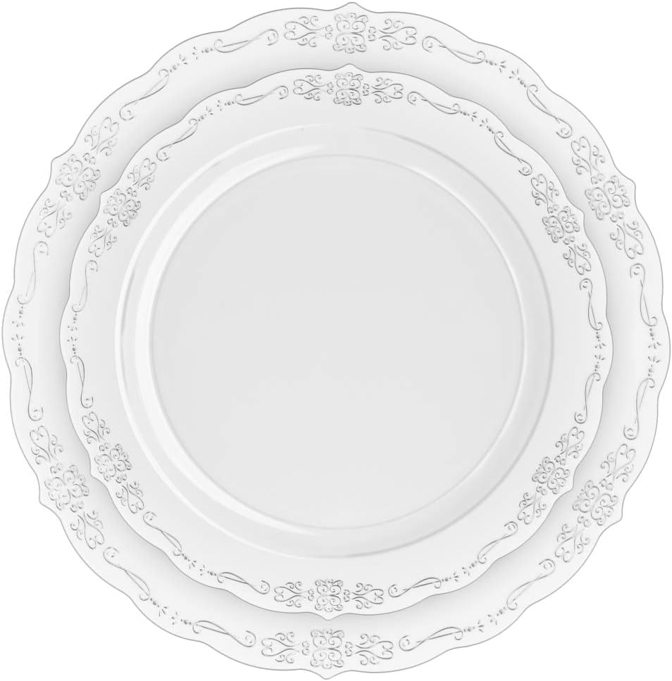 9 In. Clear Victorian Design Plastic Plates | 120 Count