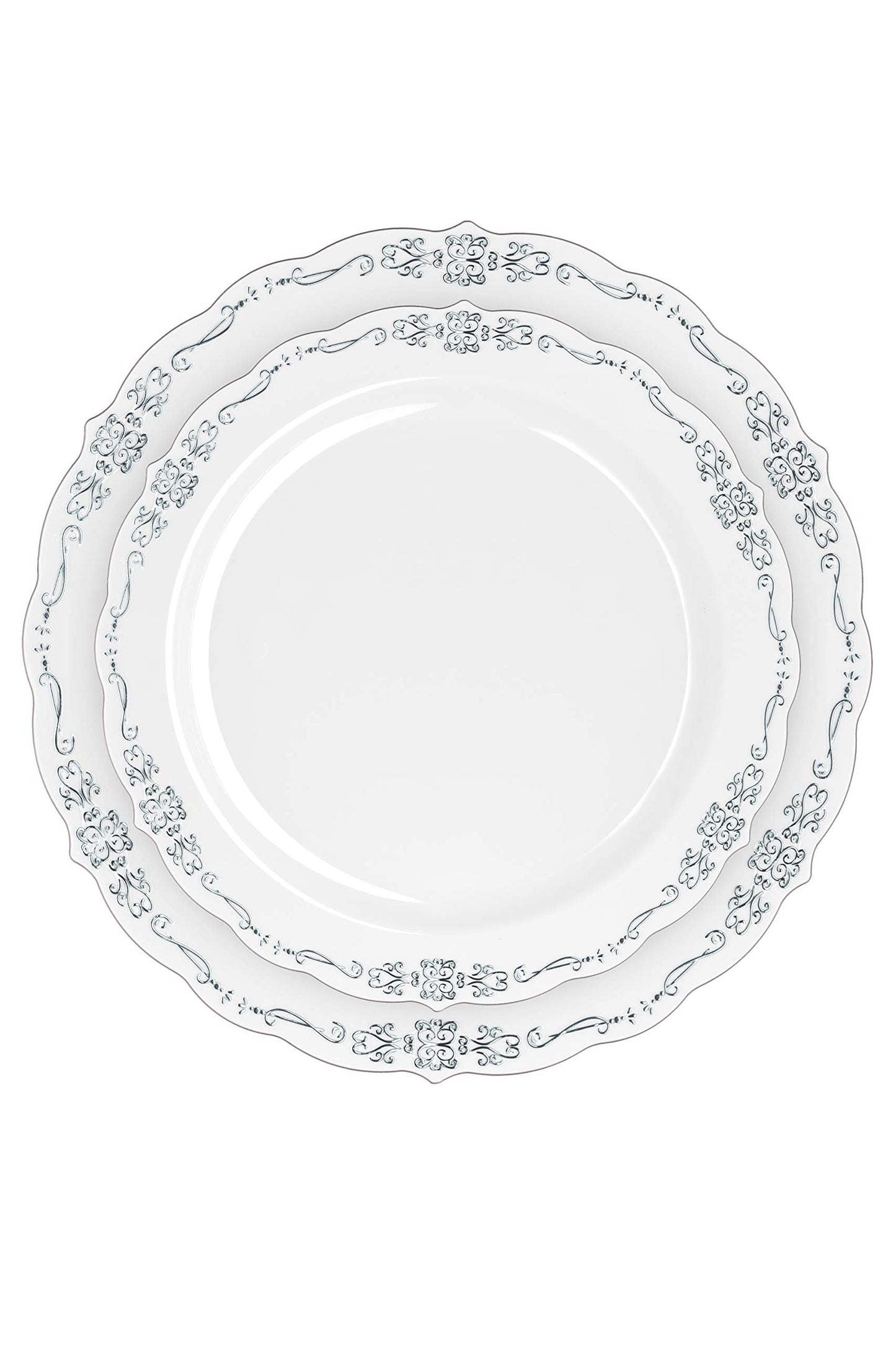 9 In. Gray/Silver Victorian Design Plastic Plates | 120 Count