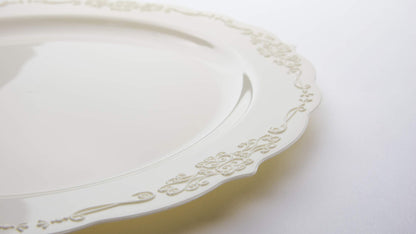 9 In. Ivory Victorian Design Plastic Plates | 120 Count