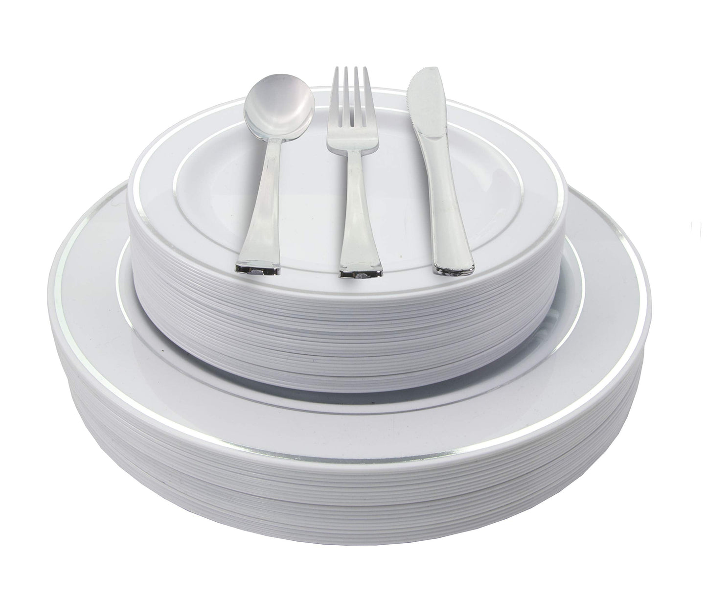 9 In. White/Silver Line Design Plastic Plates | 120 Count