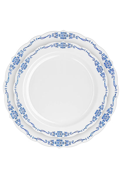 9 In. White/Navy Victorian Design Plastic Plates | 120 Count