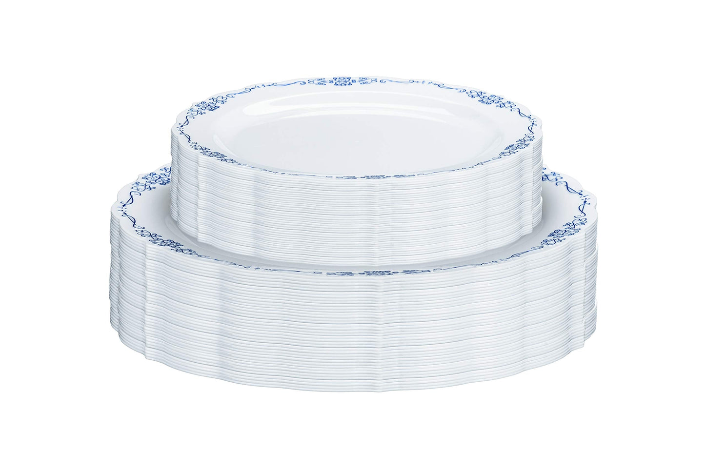 9 In. White/Navy Victorian Design Plastic Plates | 120 Count