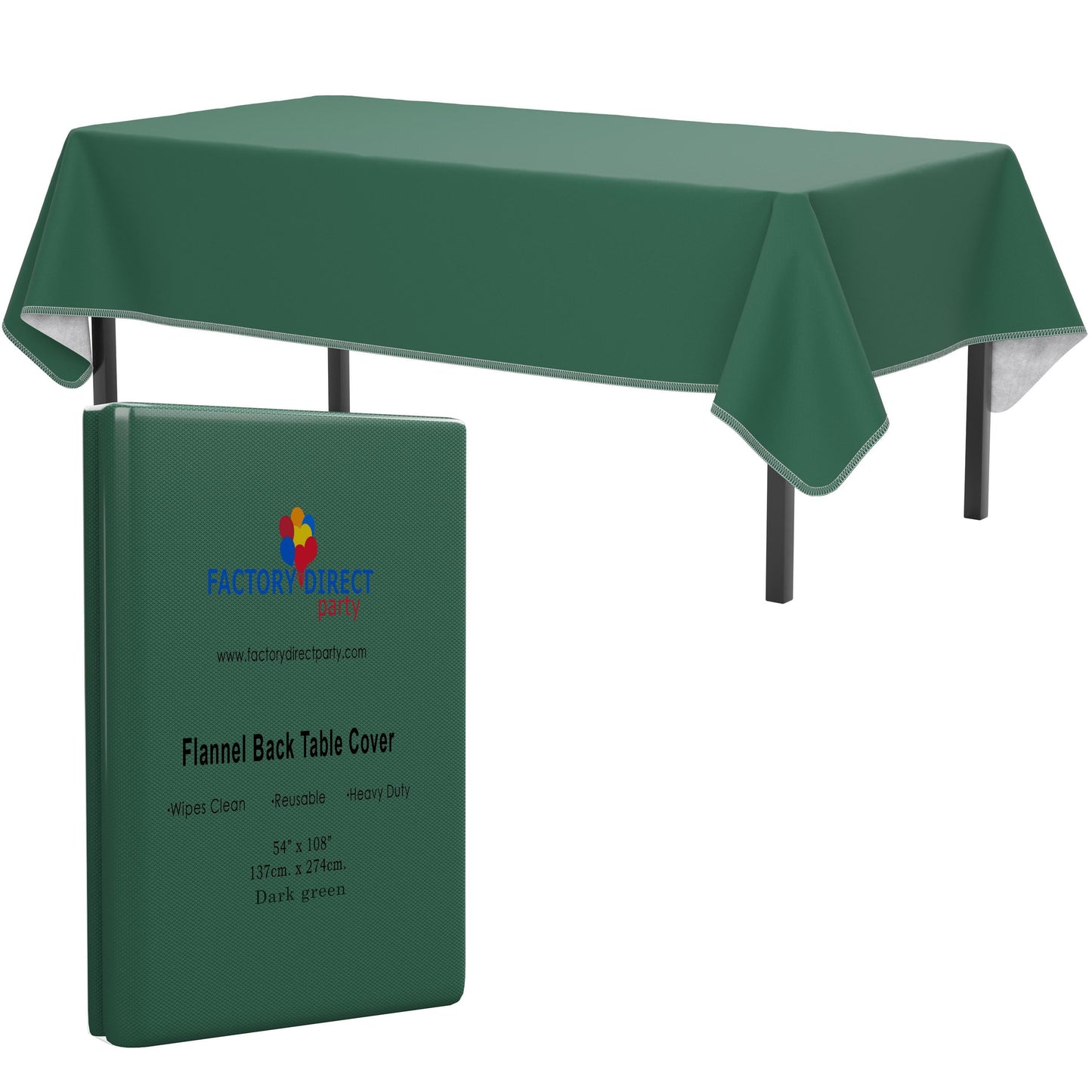 Dark Green Flannel Backed Table Cover 54 In. x 108 In. | Case of 36