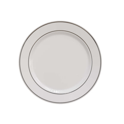 9 In. White/Silver Line Design Plastic Plates | 120 Count