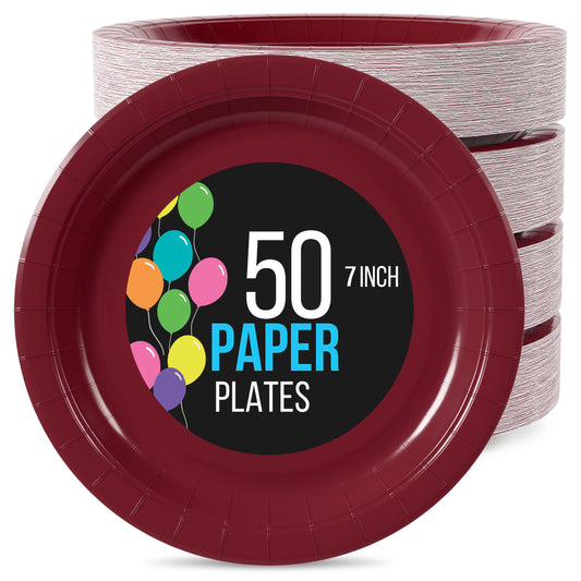 7 In. Burgundy Paper Plates - 50 Ct.
