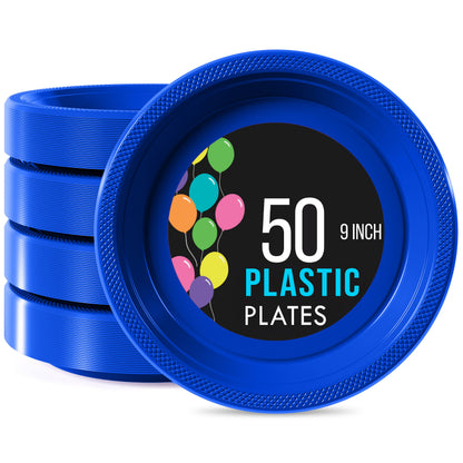 9 In. Dark Blue Plastic Plates - 50 Ct.