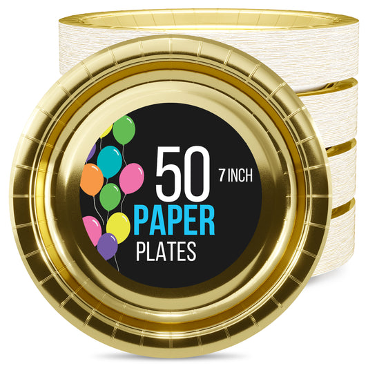 7 In. Reflective Gold Paper Plates - 50 Ct.