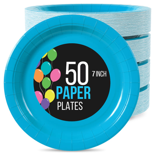 7 In. Turquiose Paper Plates - 50 Ct.