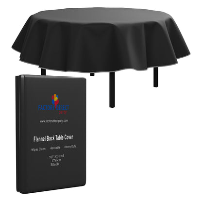 Black Flannel Backed Table Cover 70 In. Round | Case of 36