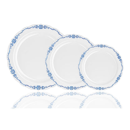 10 In. White/Navy Victorian Design Plastic Plates | 120 Count