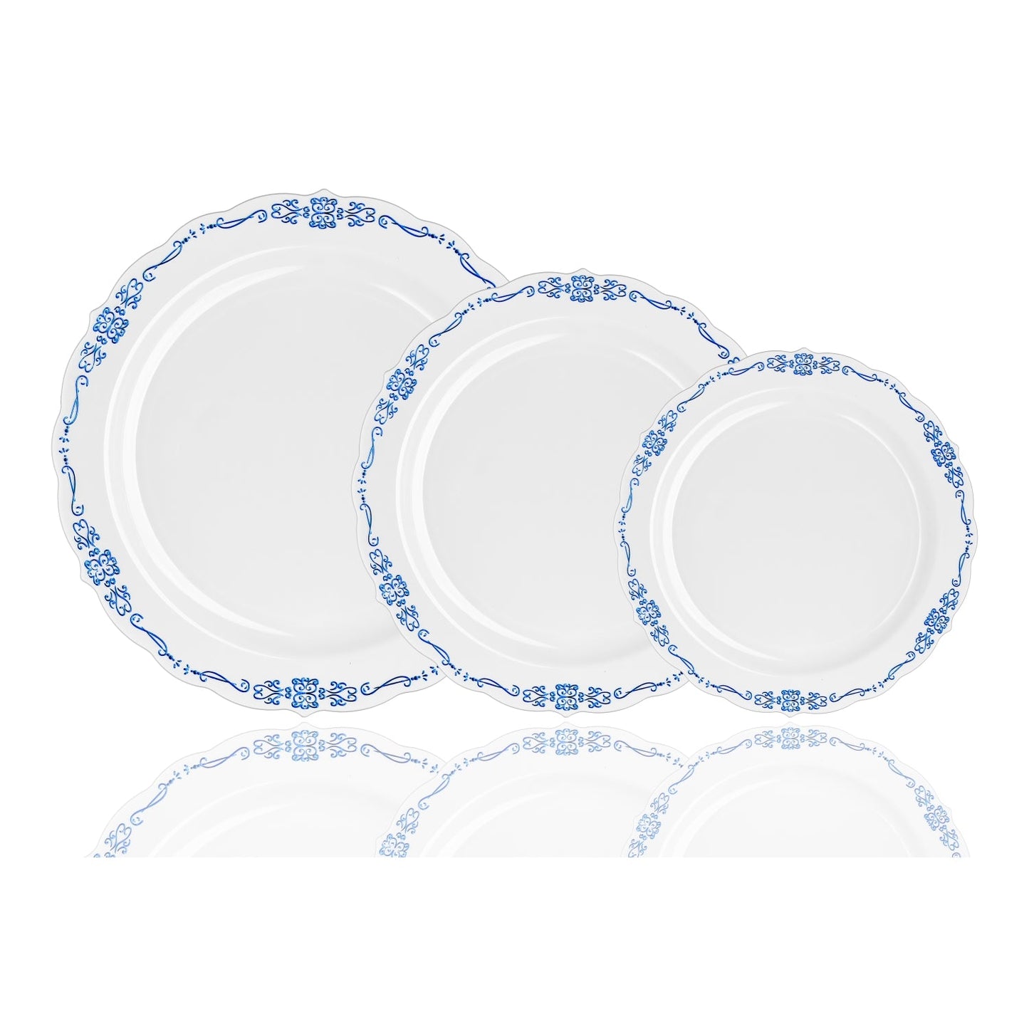 10 In. White/Navy Victorian Design Plates - 20 Count