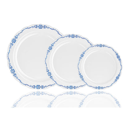 10 In. White/Navy Victorian Design Plates - 20 Count