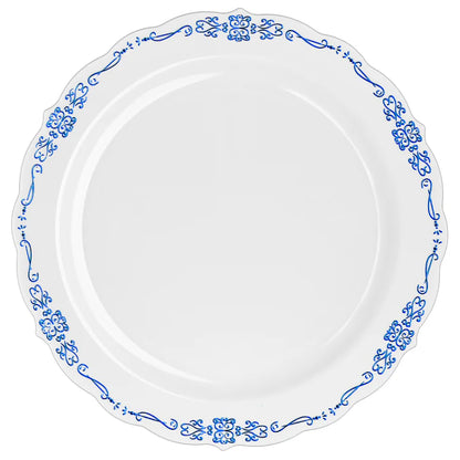 9 In. White/Navy Victorian Design Plates - 20 Ct.