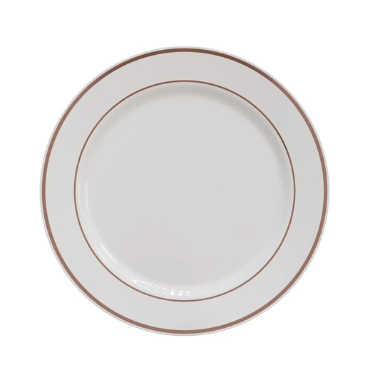 10.25 In. White/Rose Gold Line Design Plastic Plates | 120 Count