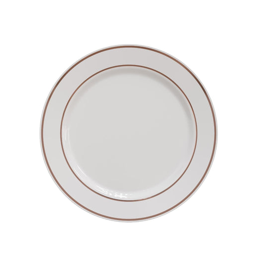 9 In. White/Rose Gold Line Design Plastic Plates | 120 Count