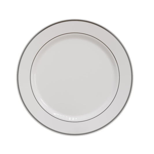 10.25 In. White/Silver Line Design Plastic Plates | 120 Count